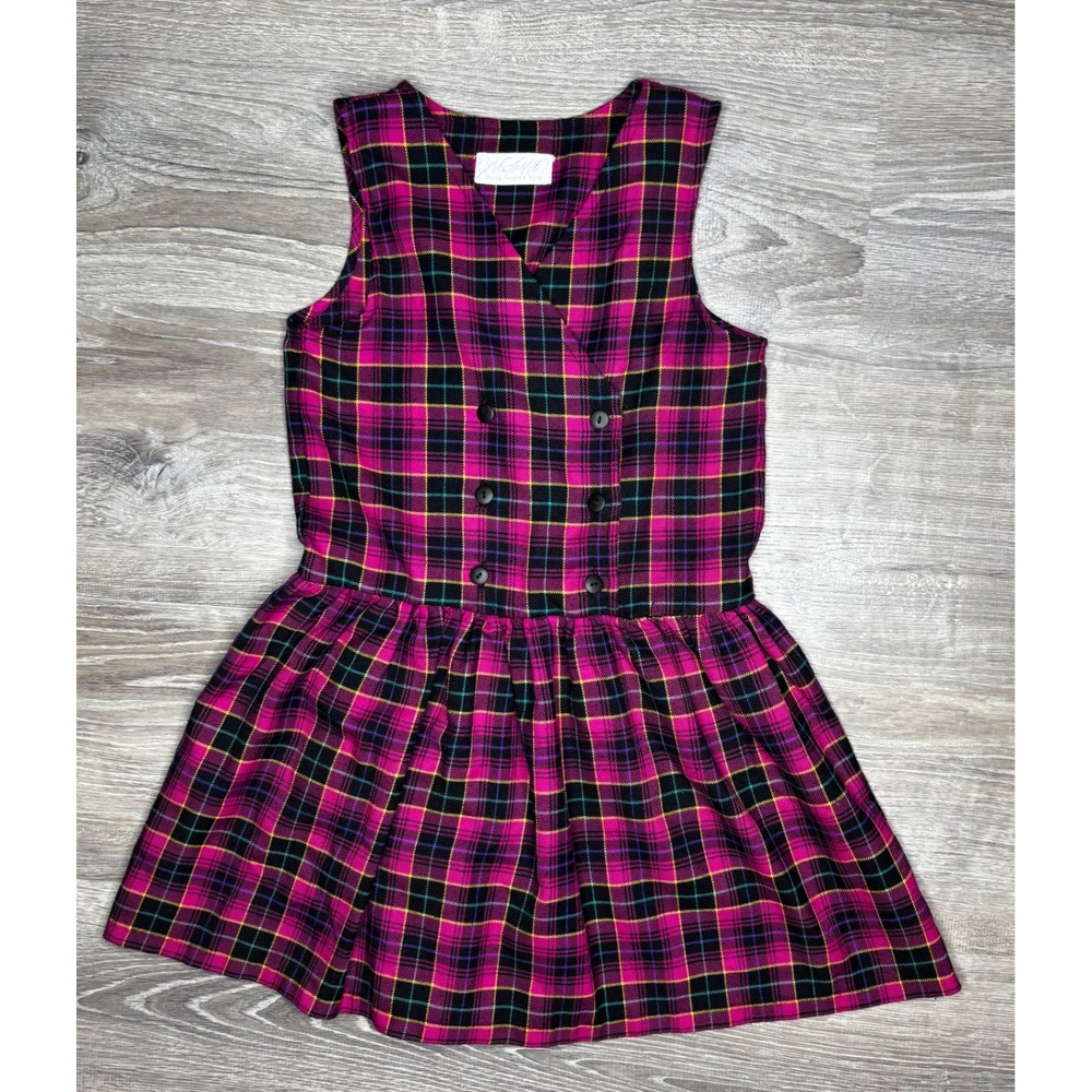Lord & Taylor Vintage Girls Pink Plaid Double Breasted Jumper‎ Dress Size 7